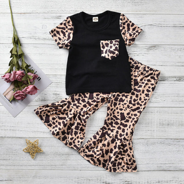 Toddler Kids Baby Girls Clothes Kids-girl Leopard Clothes T-shirt Top Bell Bottom Pants 2pcs Outfits Set For Children 6M-5T