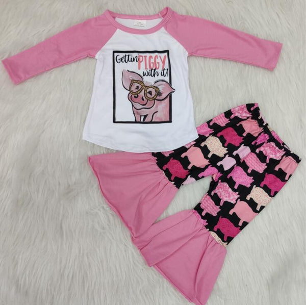 Wholesale/retail pig outfits baby girls cute cartoon tops+flare pants 2 pcs set kid personality children's clothing suits gxj